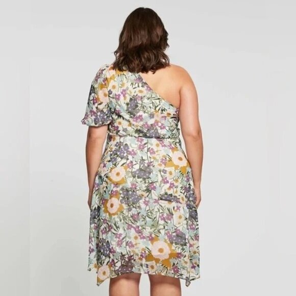 ESTELLE‎ Women's 3X Wildbloom Midi Dress Floral One shoulder Short Puff Sleeves - Picture 2 of 8